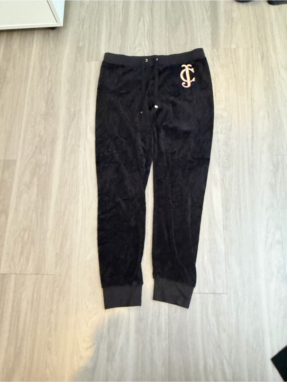 Juicy Couture Black Velour Joggers with Gold JC Emblem
